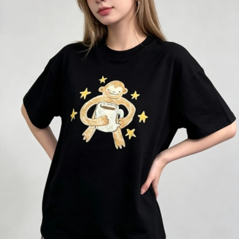 100% Cotton Women Round Neck T Shirt, Cute Hand Drawn Monkey Hold Cup With Yellow Stars Print Short Sleeve Loose Casual Tee