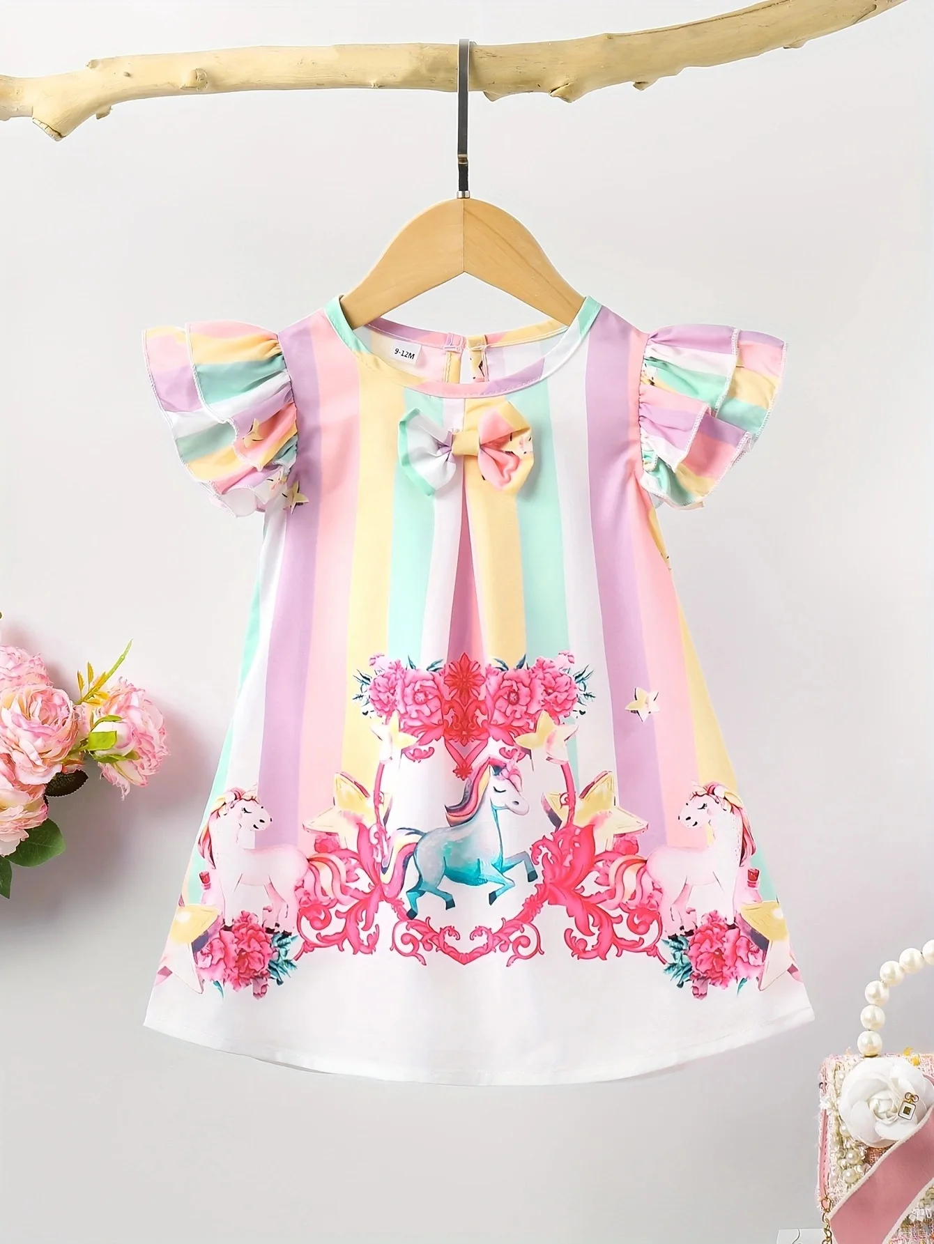

1-3 year old baby girl summer style flying sleeve bow horse flower print cute dress