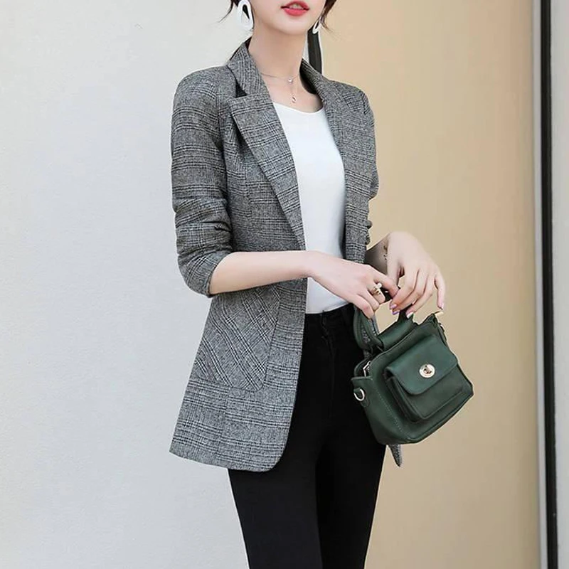 Women Korean Fashion Vintage Plaid Print Elegant Long Sleeve Suit Coat Autumn Winter Office Lady Chic Slim Notched Casual Blazer