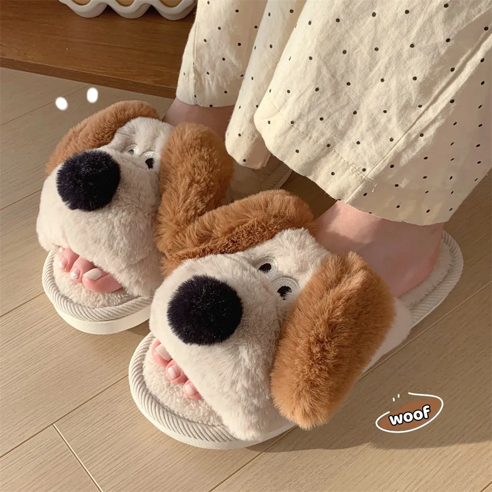 New Winter Home Cotton Slippers Dog Cartoon Dog Women Plush Warm Slipper Couple Indoor Bedroom Non-Slip Women\'s Men\'s Slippers