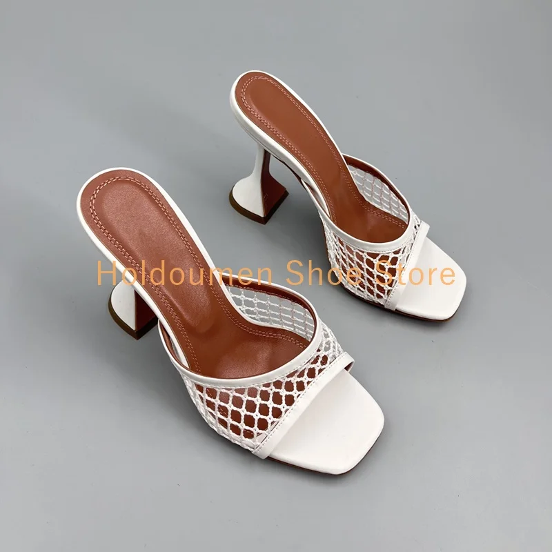 

Summer Goblet Heel Crystal Mesh Slippers Square Toe Mesh High Heeled Party Slippers New Fashion Slip On Evening Dress Slippers