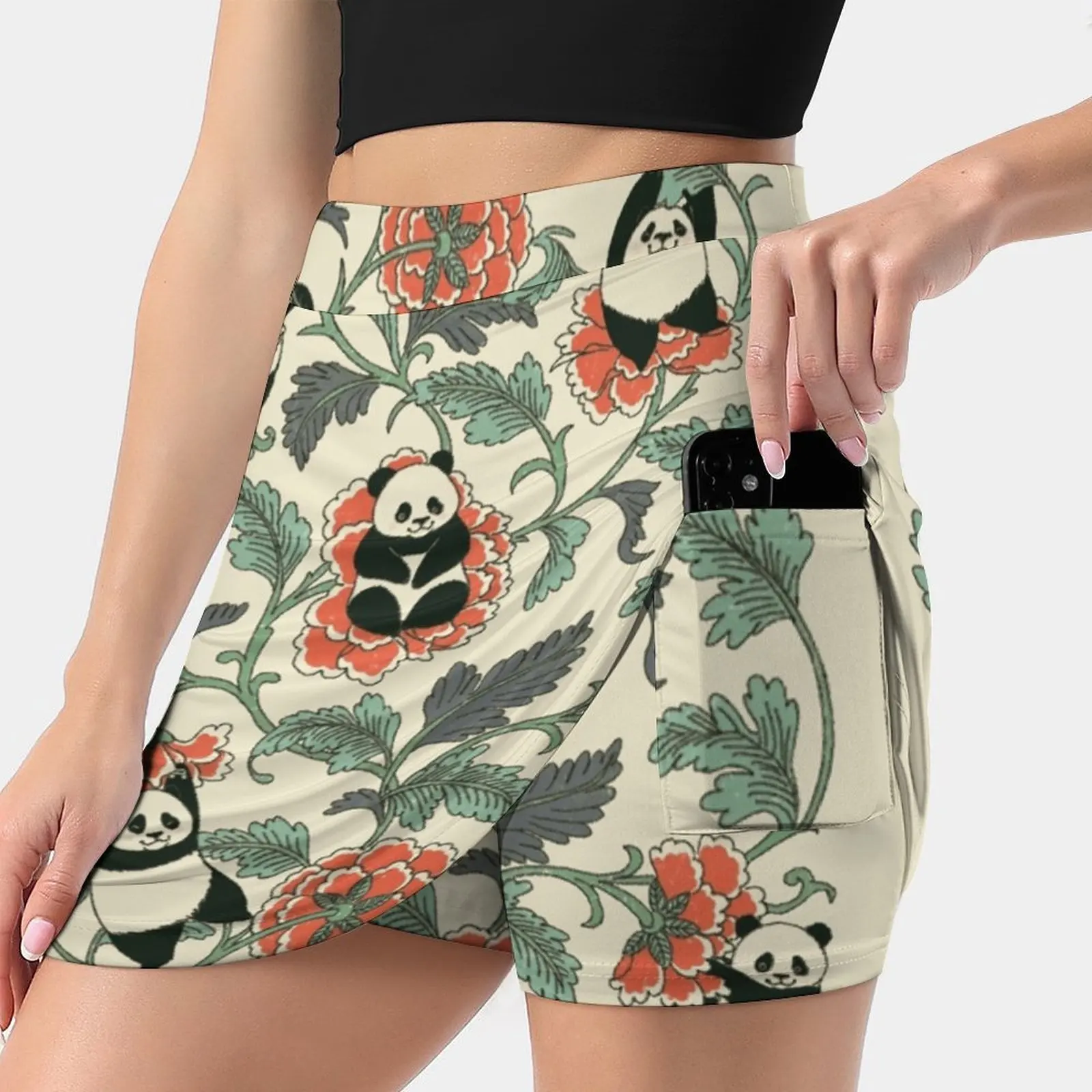 Floral Panda New Women Skirts Double-Layer Printed Short Dress Mini Sport Skirt Tattoo Art Luck Panda Fortunate Japan Floral