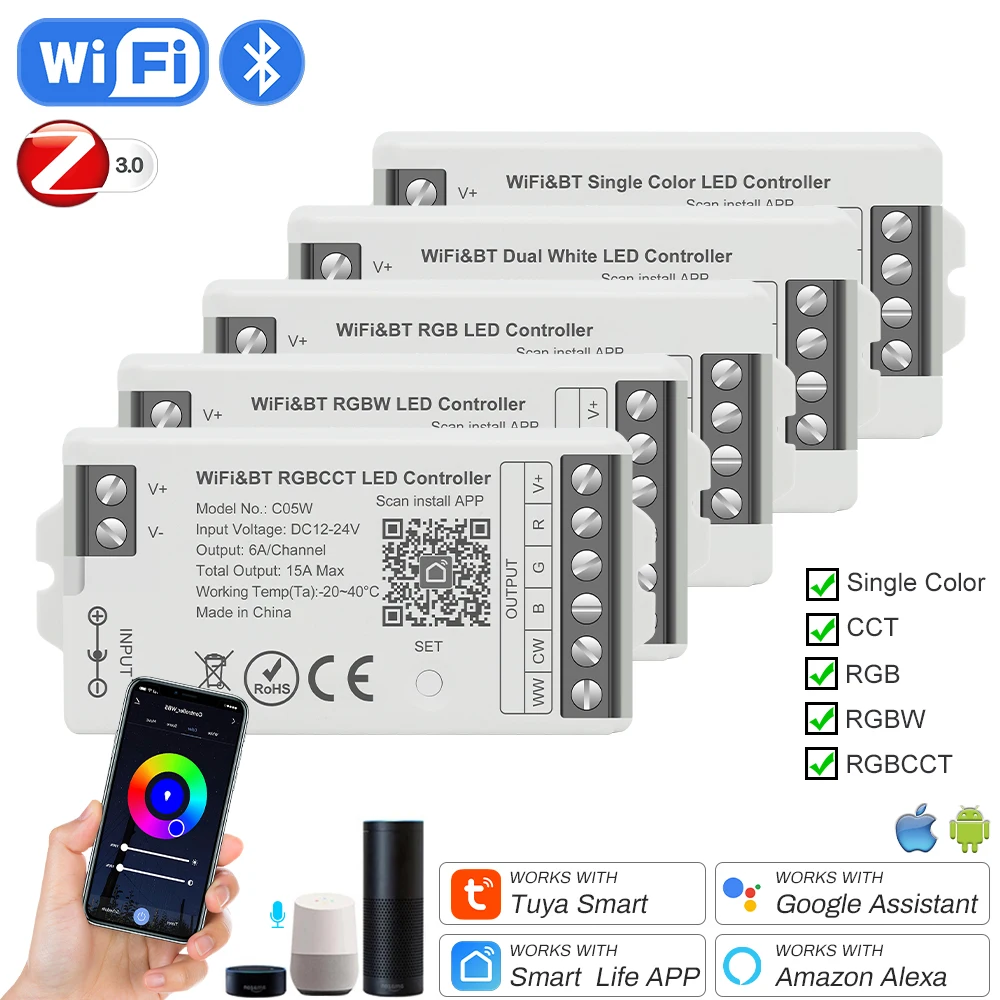 Atenuador de luz LED inteligente, controlador con Wifi, Zigbee, CCT, RGB, RGBW, RGBCCT, PWM, compatible con Alexa y Google Home, Control por voz