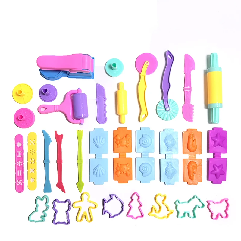 25-32pcs Play Dough 액세서리 세트 Playdough 도구 다양한 플라스틱 금형 롤링 핀 커터 어린이를위한 점토 모델 어린이