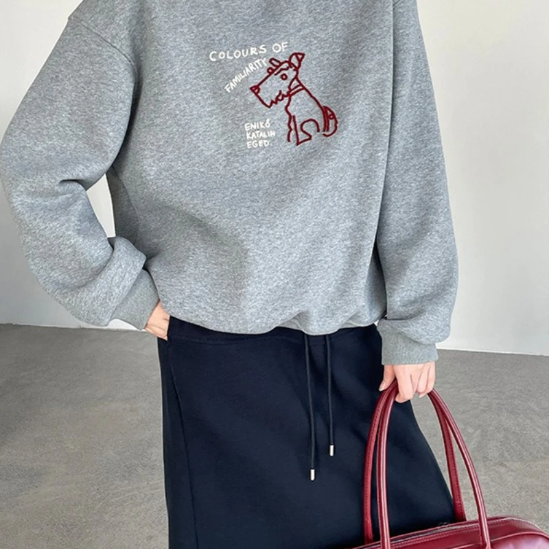 2025 حار بيع جديد الكلب التطريز نمط جولة الرقبة فضفاضة طويلة الأكمام هوديي للنساء #3