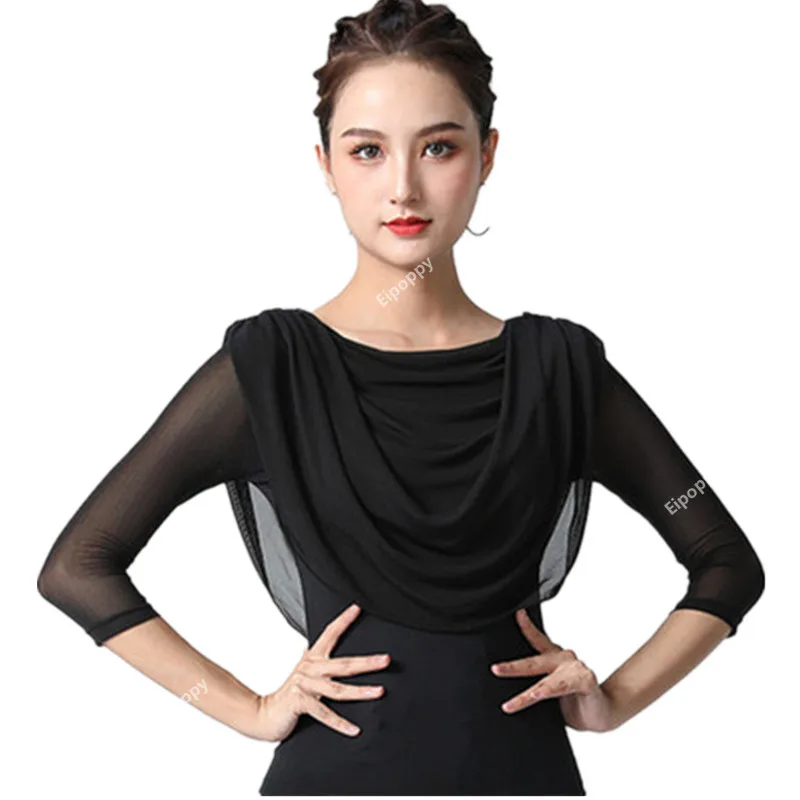 women's latin dance clothes Mid-Sleeve Mesh Modern Ballroom Dance Crew Neck Exercise Top ladys Professional Stage Show Shirts