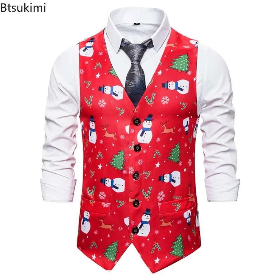 Christmas Funny 3D Print Suit Vest Men's New Fashion Slim Vintage Single Breasted Sleeveless Waistcoats Male Party Tuxedo Vests