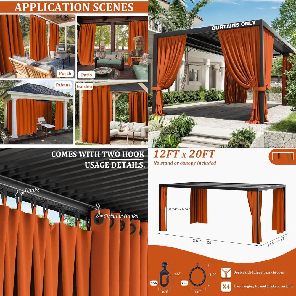 

12x20 футов уличные водонепроницаемые 4-панельные шторы для беседки с двойной молнией для патио, сада и заднего двора