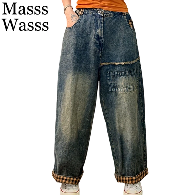 

Masss Wasss Designer Autumn Womens Vintage Plaid Jeans Loose Casual Denim Pants 2025 Ladies Classic Casual High Waist Trousers