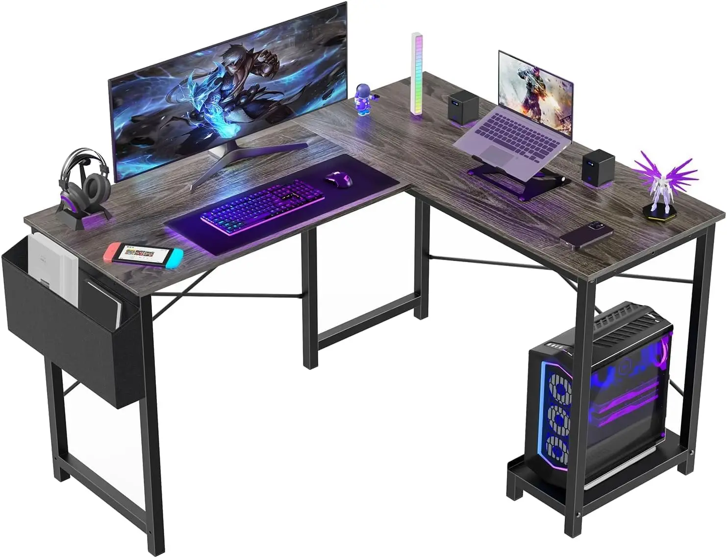 

L-Shaped Gaming Desk with Wood Top, Metal Frame, CPU Stand & Side Bag for Home Office Small Space, Grey