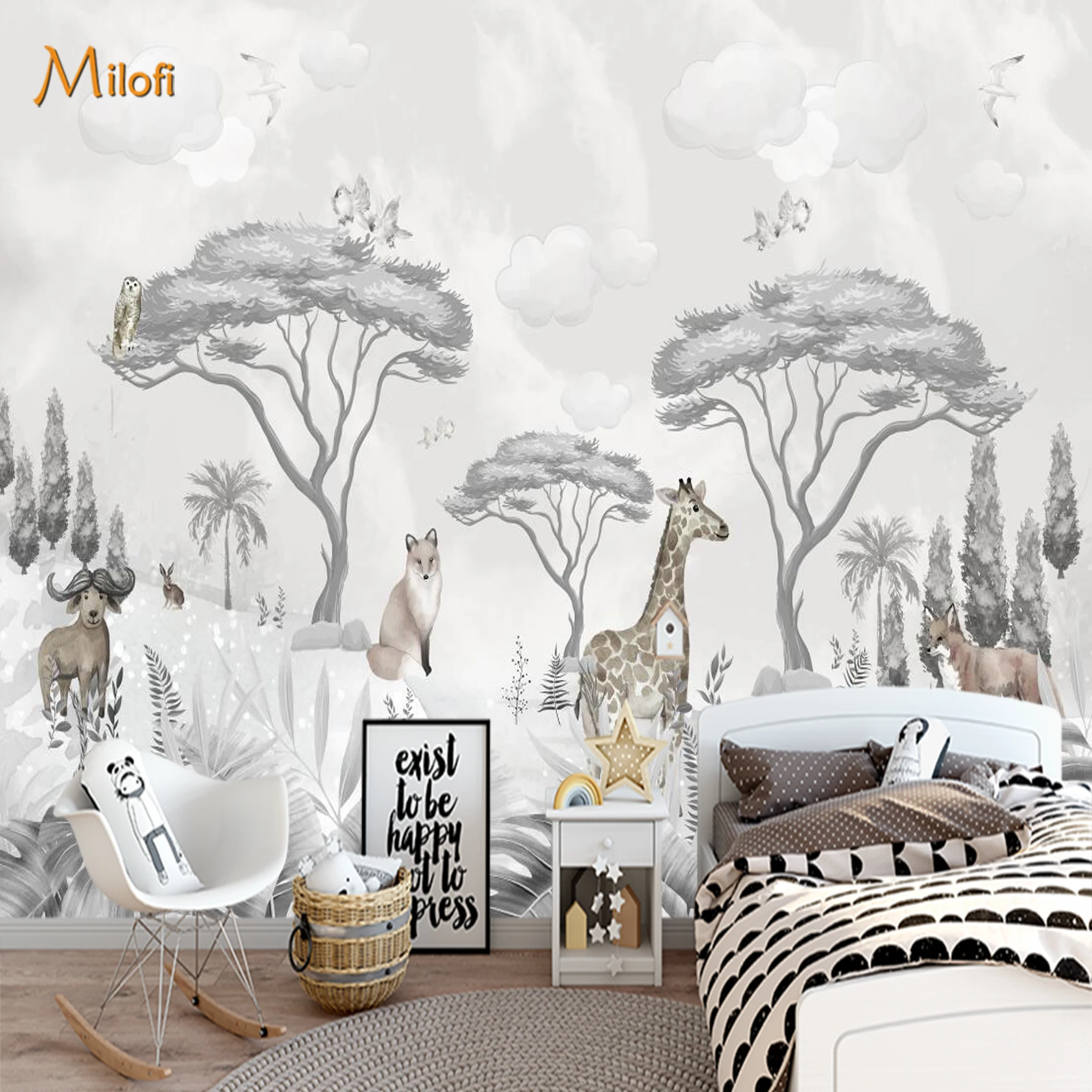 Custom Watercolor Jungle Animal Wallpaper Safari Giraffe Fox  Wall Mural Self‑Adhesive Art Decor for Children Nursery Bedroom