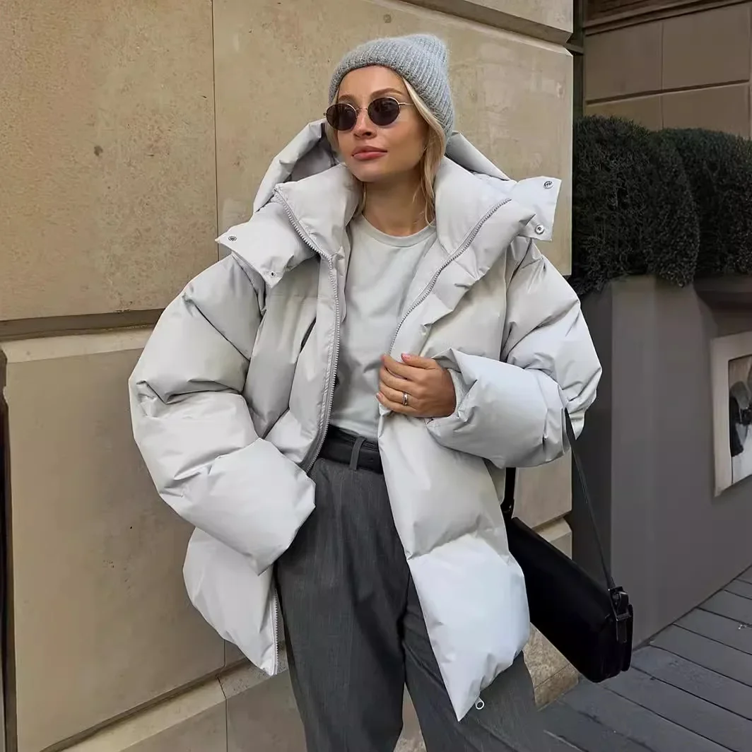 Casual New Hooded Thick Warm Cotton Coats for Women Fashion Solid Zipper Loose Jacket 2024 New Winter Lady High Street Outerwear