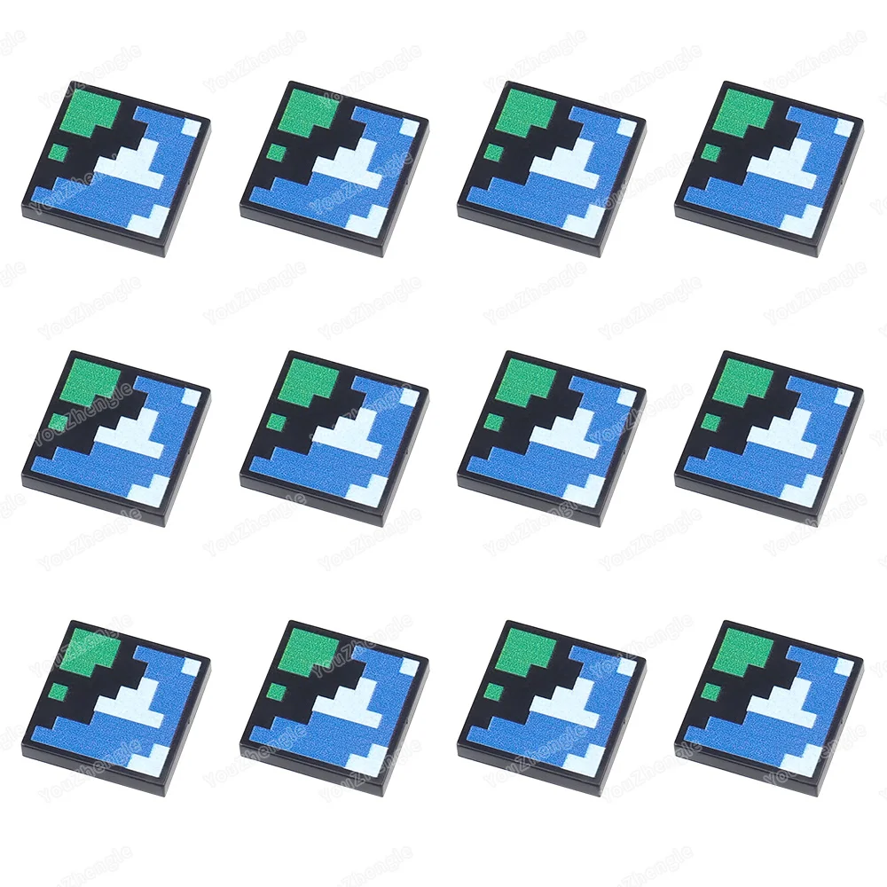 픽셀화된 청록색-흰색 인쇄 패턴 빌딩 블록 2x2 타일 3068 부품 MOC 피규어 블록 세계 지도 장면 모델 선물 장난감