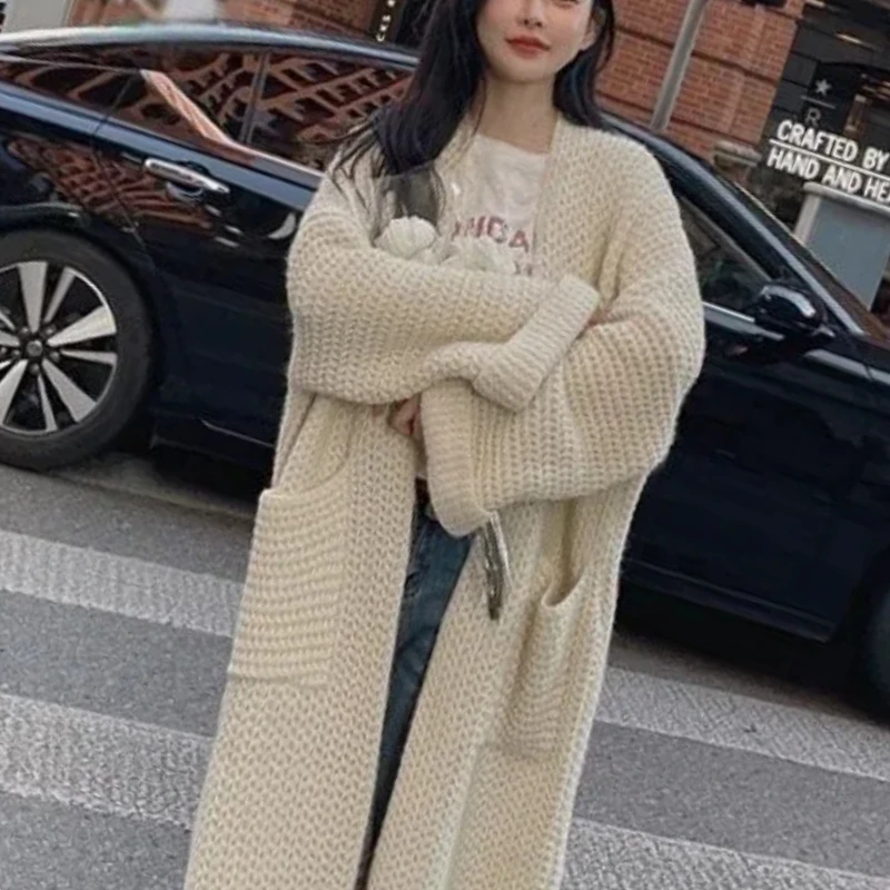 Autumn Winter New Fashion V-neck Long Sleeve Medium Long Styles Solid Sweaters Cardigan Women\'s Clothing Loose Knitting Chic Top