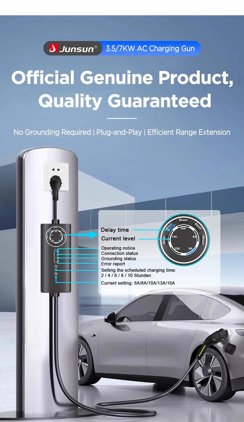 Junsun Typ 2 Tragbares EV-Ladegerät 3,6KW 7KW 11KW 22KW IP65 Wasserdicht Outdoor Modus 2 Ladekabel mit 6 8 10 13 16 20 24 32A Einstellbarem Strom, Programmierbarer Ladefunktion, Touch-Tasten-Steuerung, 2 Jahre Garantie für EU-Elektroautos, Hybrid- und BEV