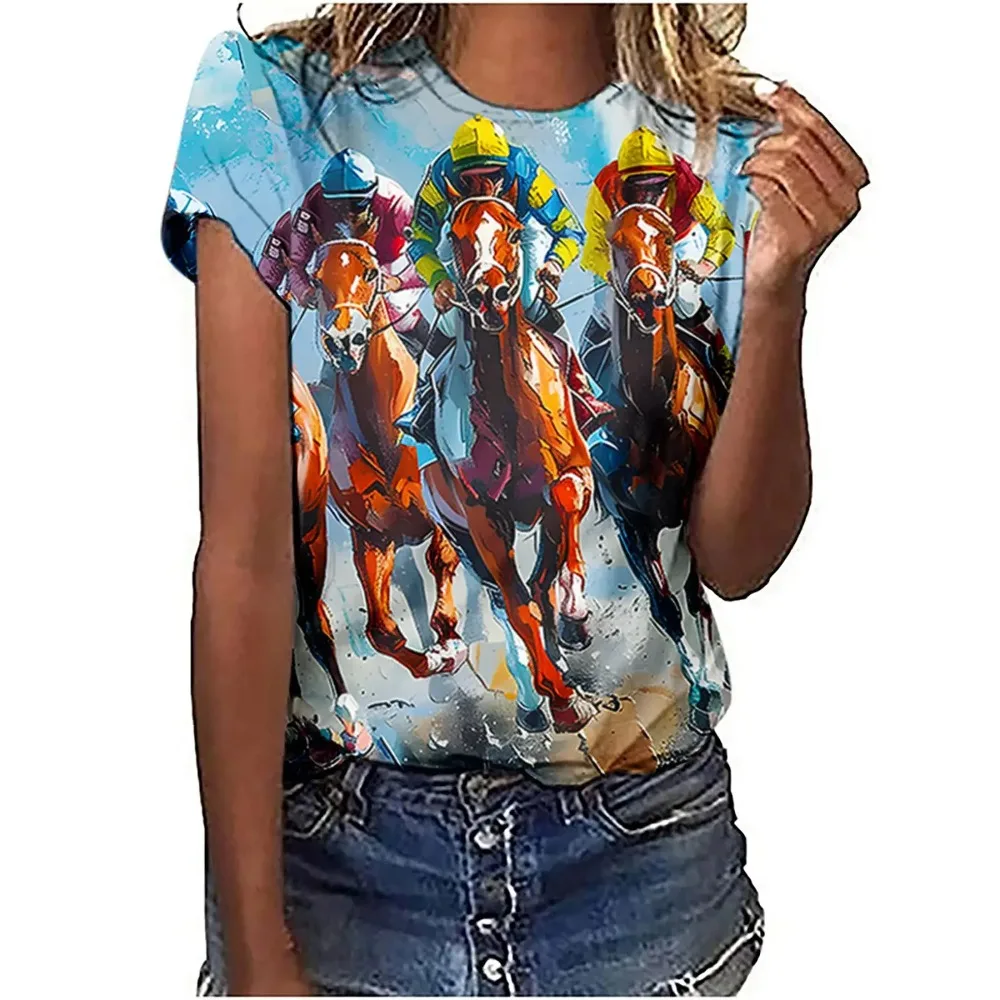 Women's T-Shirts Horse Racing Graphic 3D Printed New O-Neck Short Sleeve T Shirt Y2k Harajuku Tees Tops Female Pullover Clothing