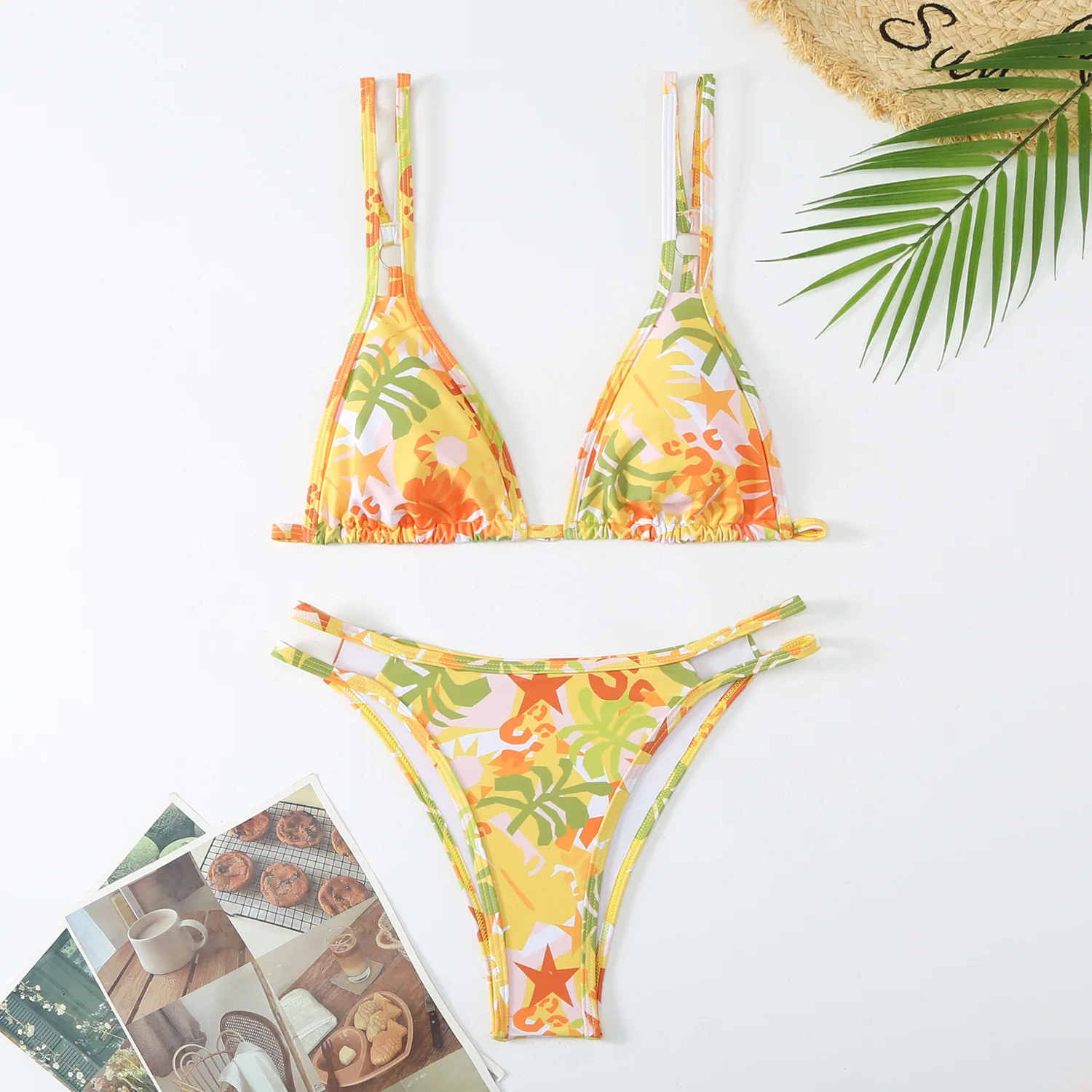 Fashion Flower Print Bikini Set 2024 Women's Beach Swimsuit Summer Vacation Swim Outfits Thong Suspender Backless Bathing Suit