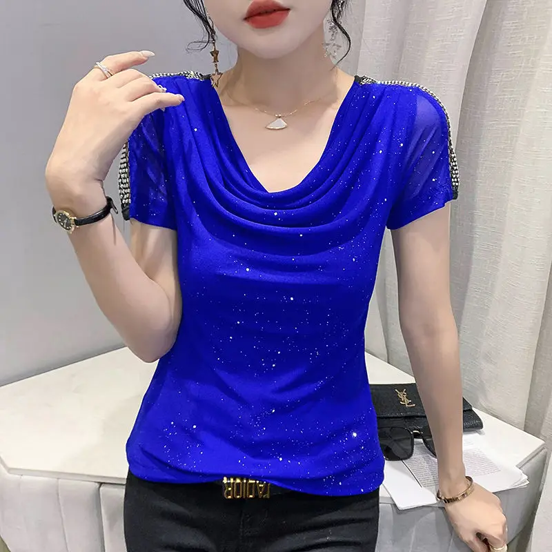 Temperament Net Yarn T Shirts Summer New Short Sleeve Solid Color Patchwork Slim Office Tops Tees Fashion Elegant Women Clothing