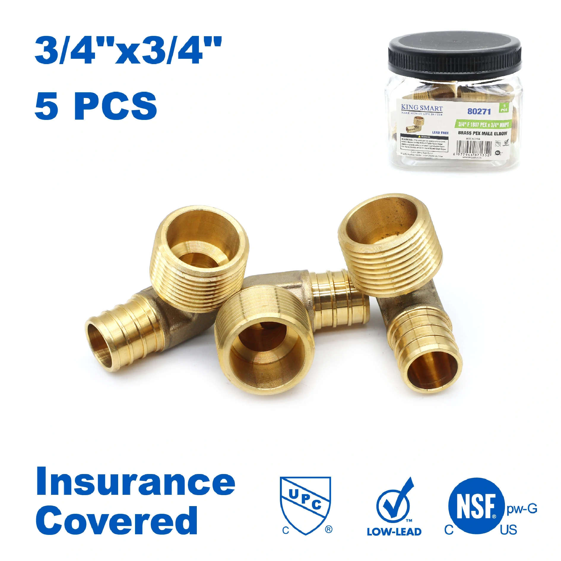 

KING SMART 3/4 inch F1807 PEX Male NPT Adapter Elbow; Lead Free Brass; 5Pcs/Case; 80271