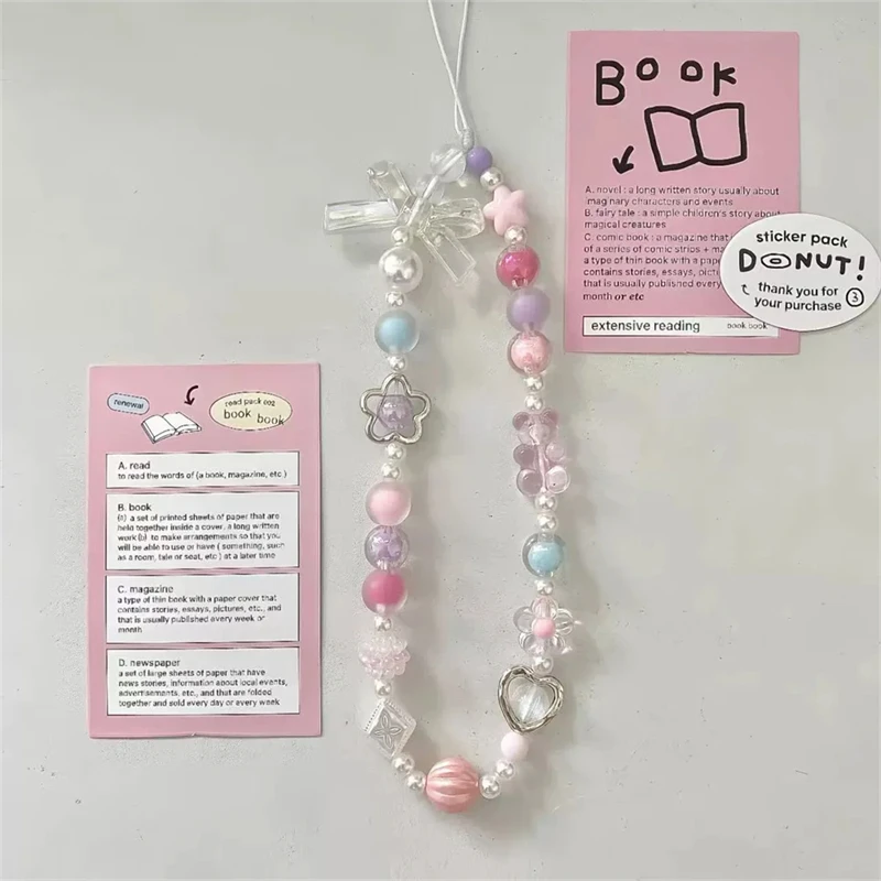 INS Pink Bear Bow Pendant Beaded Phone Chain For iPhone Fashion Hanging Rope Women Anti-lost Lanyard Jewelry Charm Strap Gift