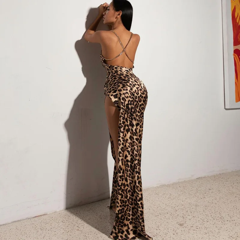 Leopard Print Chain Strap Women Prom Dress High Split Deep-V Neck Party Gown Backless Evening Dress Hot Girl New Design In Stock