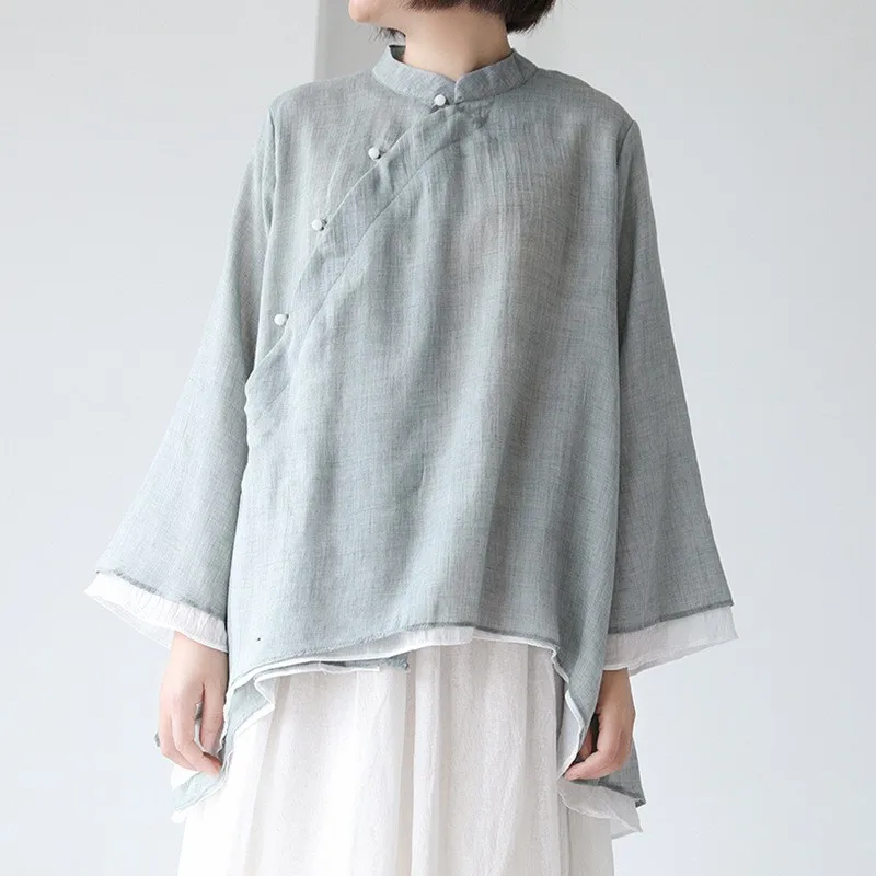 

Retro Pure Color Shirt Stand Collar Long Sleeve Slanted Button Chinese Style Zen Tea Clothing Casual Loose Fit Women's Shirt