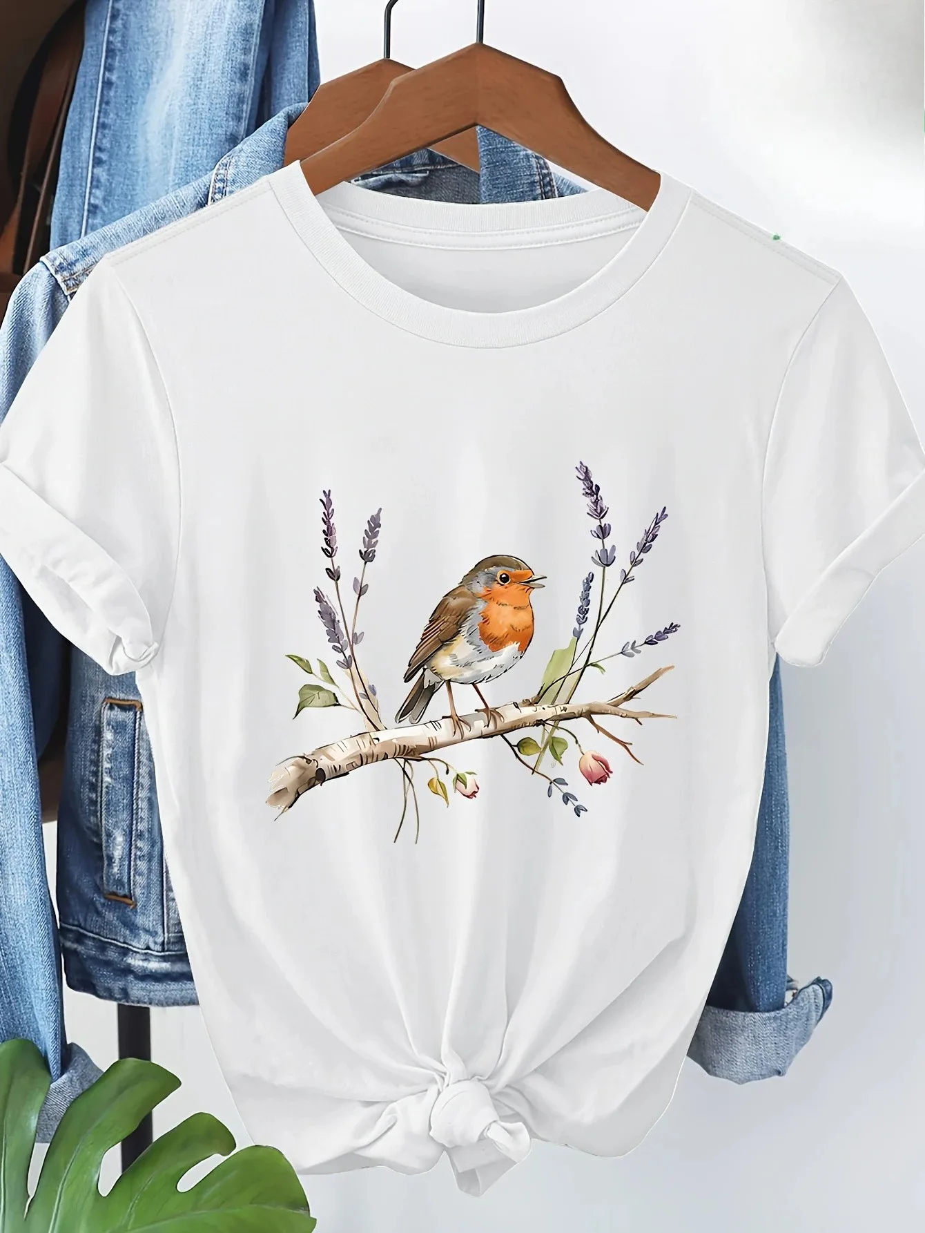 Women's Short Sleeve T-Shirt - Peaceful Robin Bird Standing on Branch - Lavender and Floral Print Casual Wear Graphic T Shirts