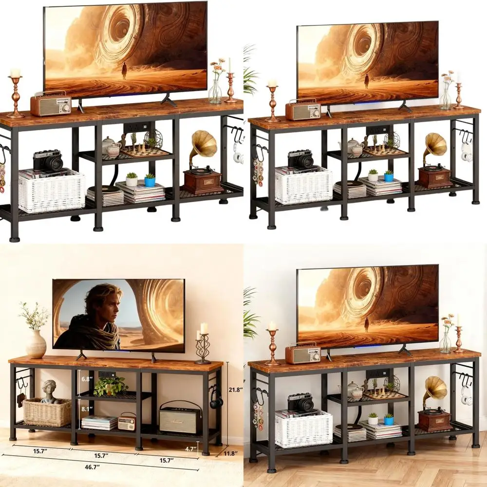 

TV Stand with Charging Station for TVs up to 55 Inch,Rustic Wood Entertainment Center with 3-Tier Storage Shelves,Modern TV Medi