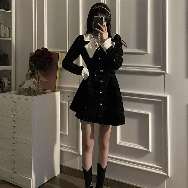 

Women's Black Velvet Lapel Waist Up Dress, Single Breasted, Mid Length Skirt, Color Blocking, Spring and Autumn, New, 2023