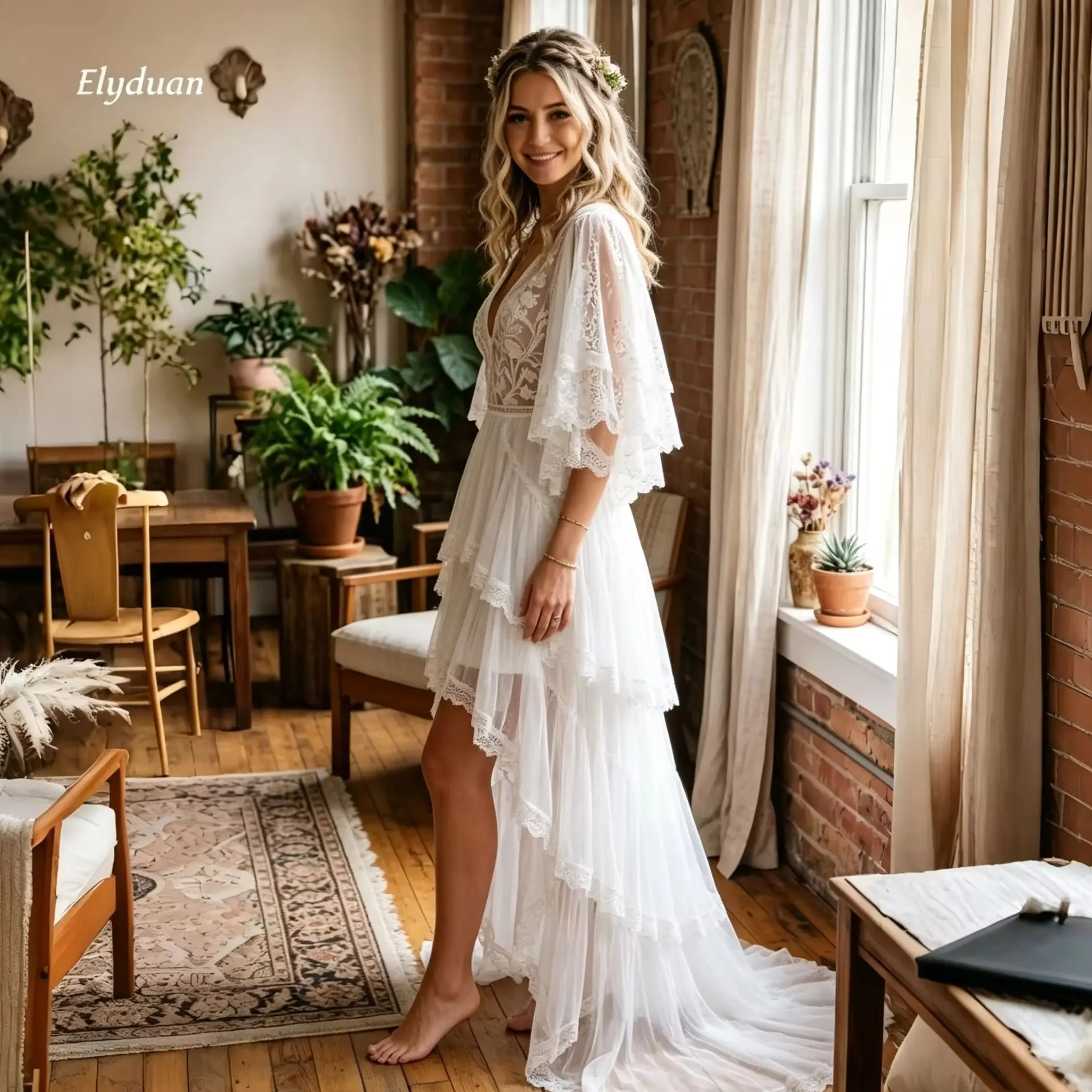 Boho High Low Wedding Dress Flutter Bell Sleeve Tiered Ruffle Light Ivory Tulle Lace Appliques Beach Bridal Gown Customized