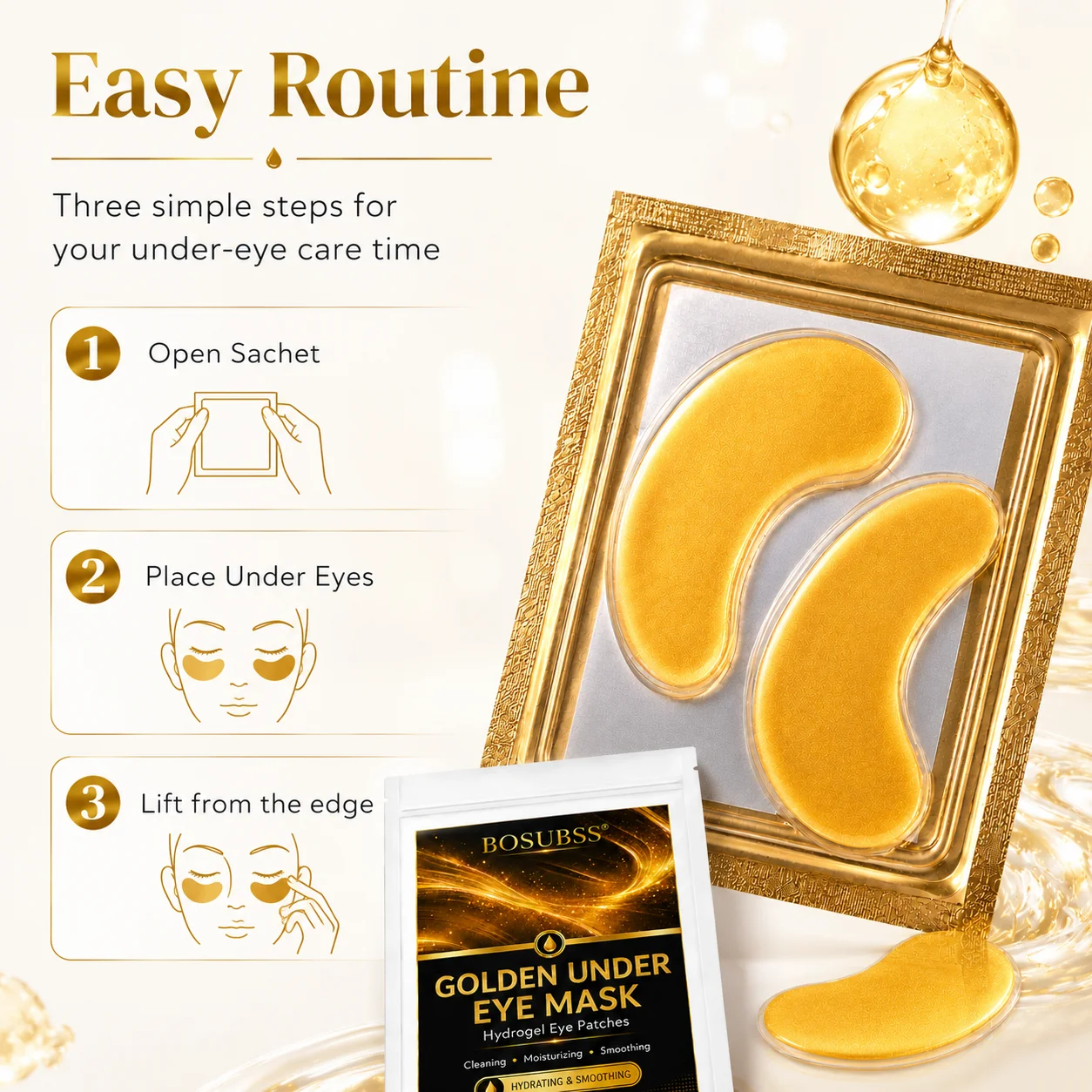 BOSUBSS Hydrating 24K Gold Eye Mask, Refreshing Under Eye Patches for Smooth Bright-Looking Under-Eye Skin