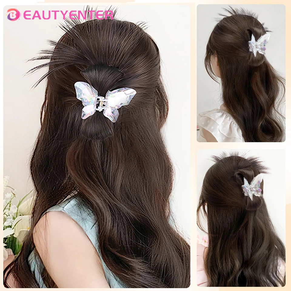 BEAUTYENTER Synthetic Ball Head Wig Female Fluffy Flower Bud Head Bun Bow Dragon Whisker Claw Clip Bun