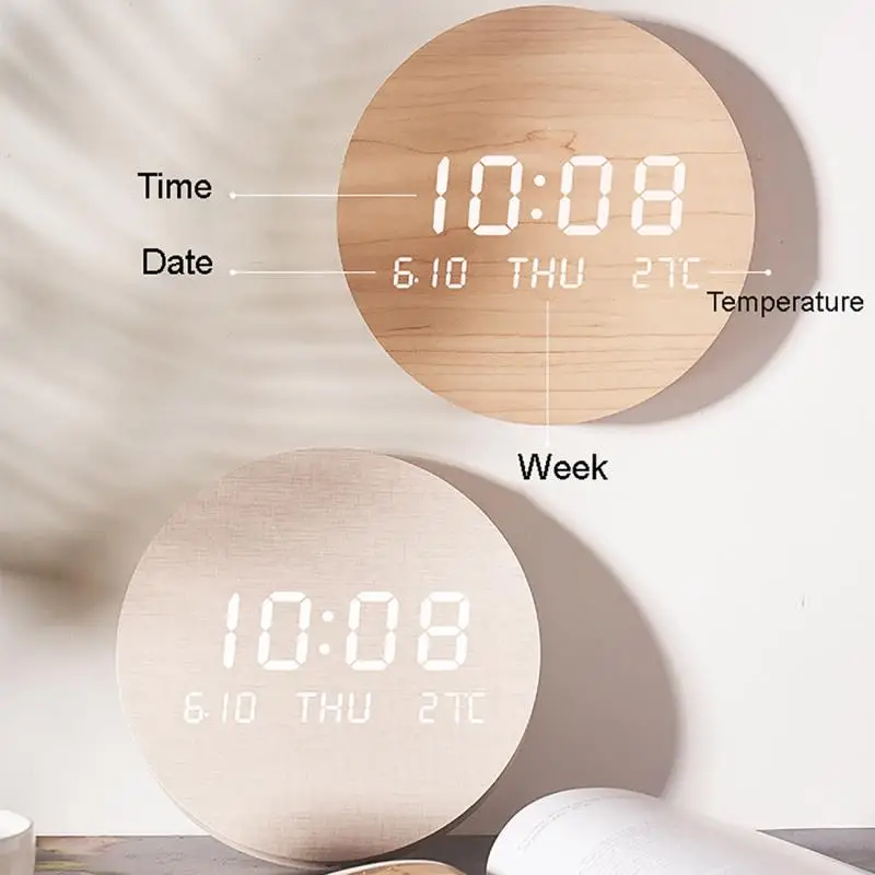 195 * 25mm Vintage LED Digital Wood Wall Clock Multifunctional Temperature Electronic Silent Clock  For Kitchen Office Home