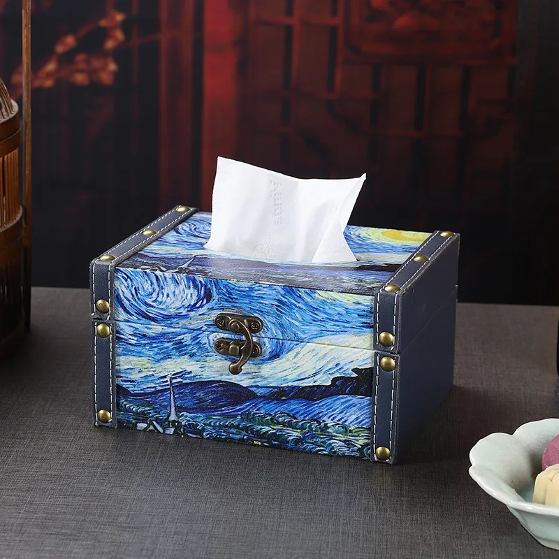 

uxury Leather Tissue Box Cover-Floral Oil Painting Design, Elegant Tabletop Organizer for Home, Soft Touch PU Material with Lid