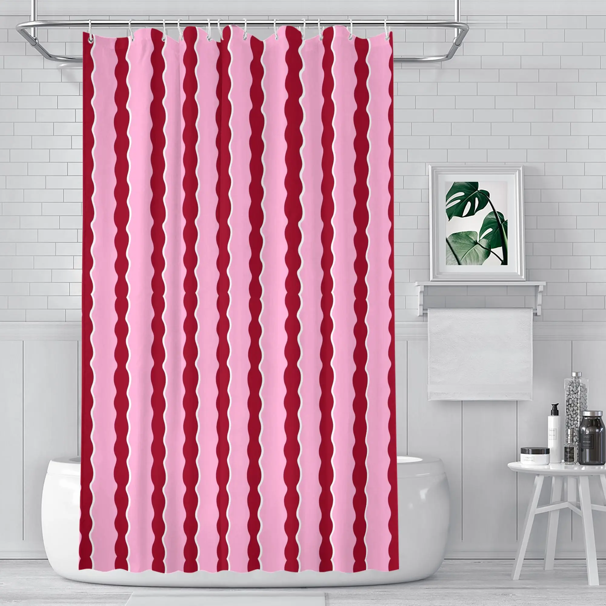Pink & Burgundy Wavy Stripe Shower Curtain – Squiggly Lines, Polyester, 12 Grommets, Water-Resistant 180x180cm71x71in
