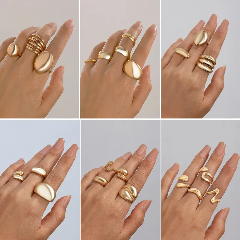 Creative Smooth Water Drop Rings Set for Women Vintage Geometric Curved Adjustable Open Finger Nail Ring Couple Wed Accessories