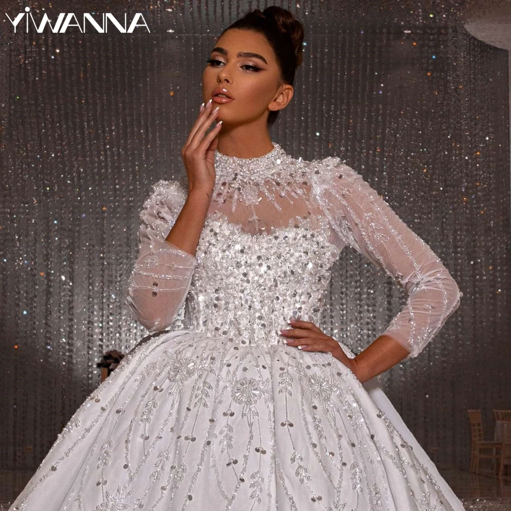 

2025 Sequined Beads Bridal Dress Customized High Collar Wedding Gown Luxury Pearls Ball Gown Long Bride Robe Vestido De Novia