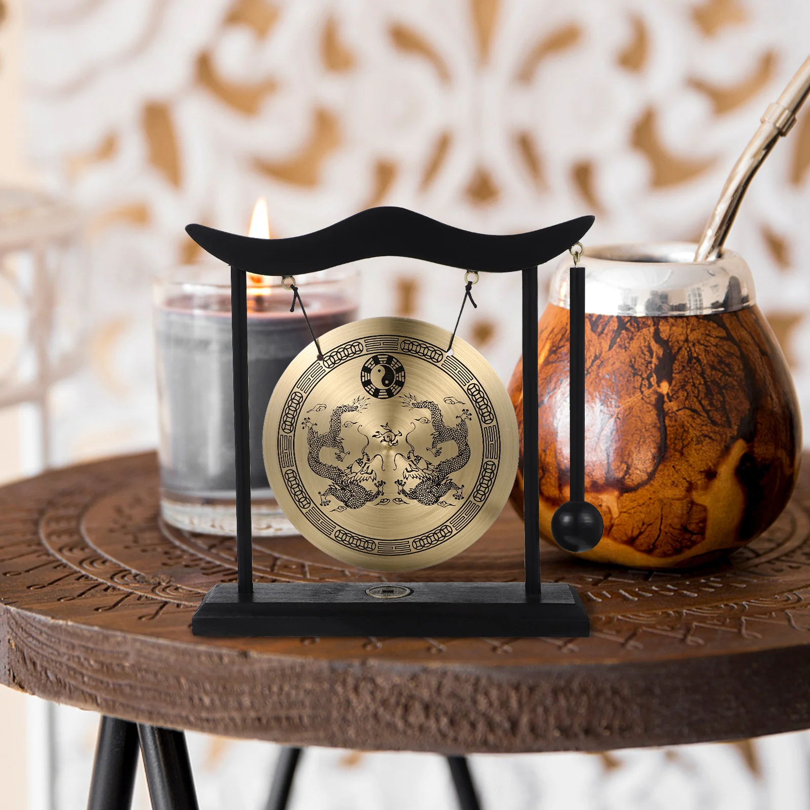 

Copper Gong Retro Ornament Gong Mallet Desktop Decoration Office Study Meditation Vintage Chinese Handicraft