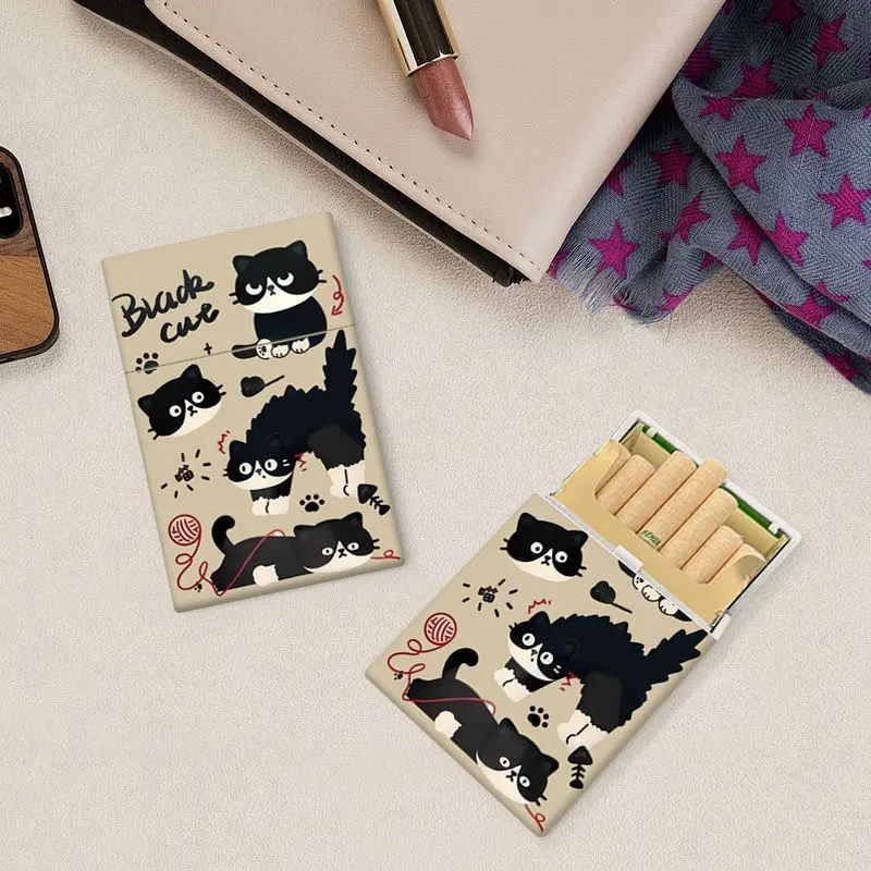 Cartoon Black Cat Print Cigarette Case, 20 Count Portable Plastic Cigarette Box, Dual-Use for Slim & Regular Cigarettes