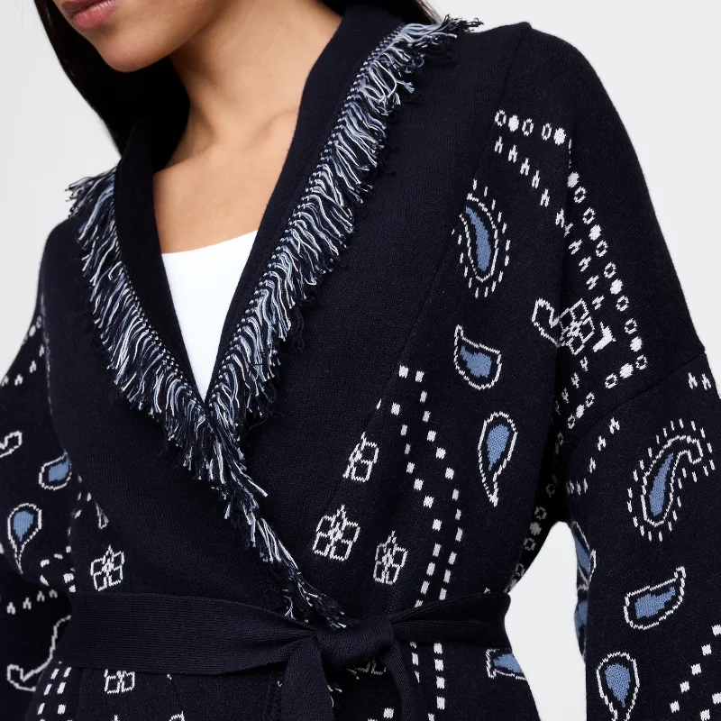 Kwastje Patchwork Gedrukt Vest Vrouwen Geometrische Patronen Riemen V-hals Lange Mouw Gebreide Straat Dame Trui 2025, Herfst Jas