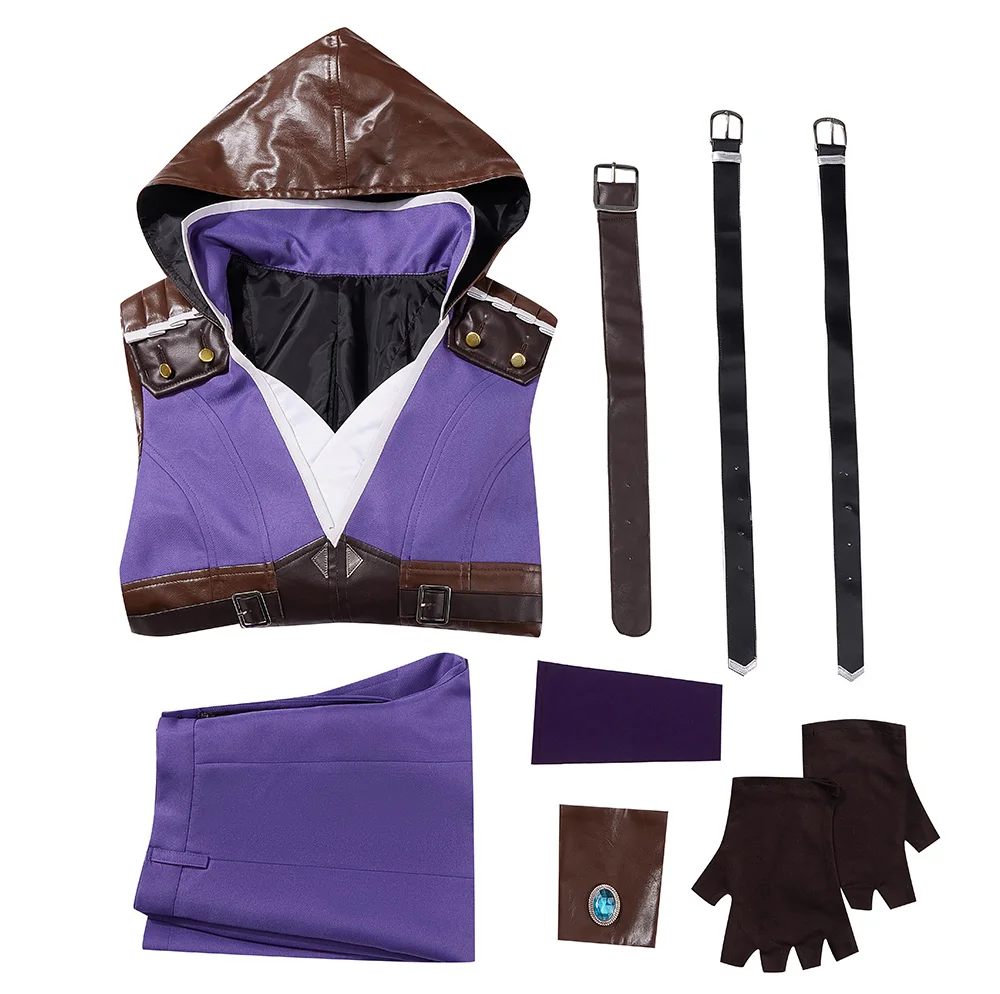 Jogo Caitlyn Cosplay Costume para Homens e Mulheres Adultos, Blusa Halloween, Terno Demônio do Carnaval, Colete Roxo, Shorts, Blusa Acessórios