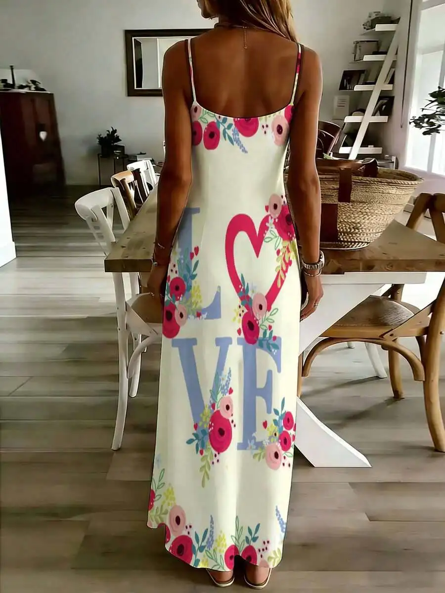 

Love Heart Floral Print Sleeveless Maxi Dress For Women Summer Casual