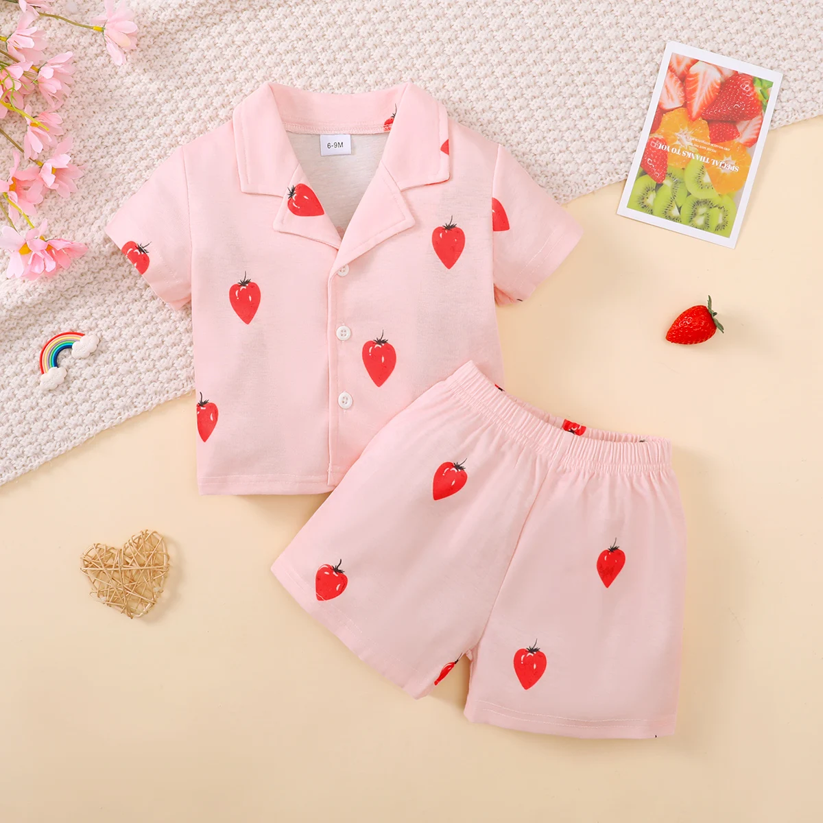 Children\'s Girls\' Cartoon Pajamas Teddy Bear Strawberry print Short sleeved+Shorts 2Pcs/Set 0-3 Years old Cute Baby Girl Pajamas