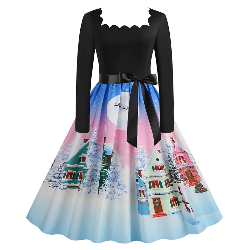 Weihnachtskleid für Damen, Vintage-Midi-Sommerkleid, quadratischer Kragen, lange Ärmel, eleganter Druck, Abendparty, Weihnachtskleid für Herbst und Winter