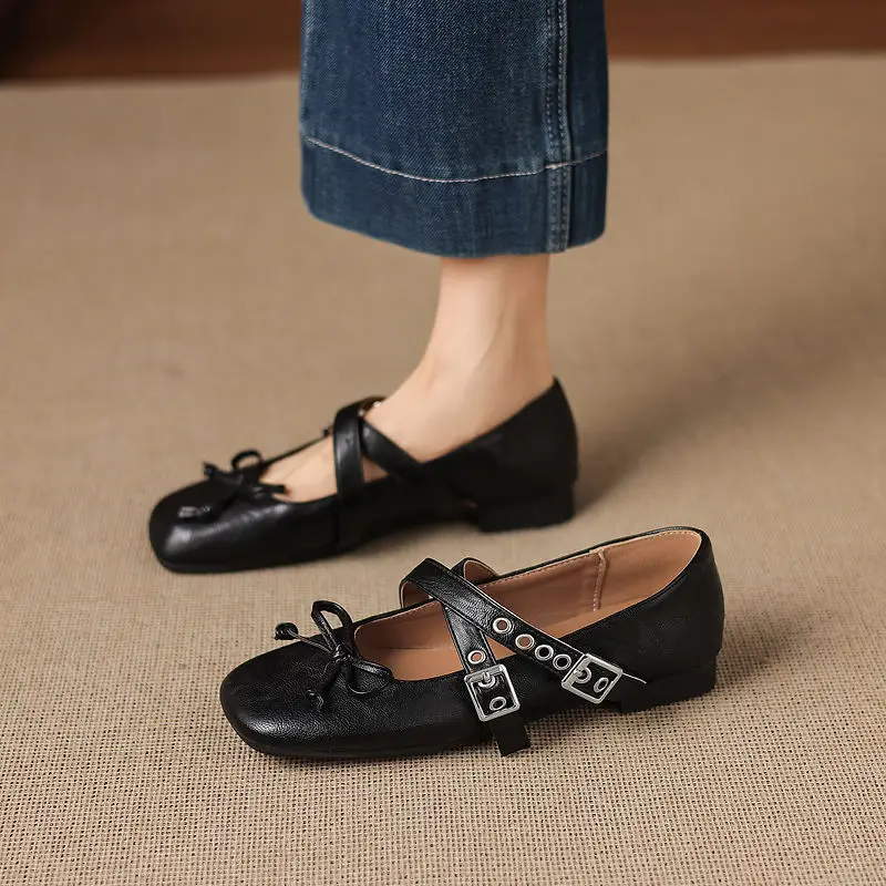 Retro Punk Jk Flat Mary Jane Shoes Bow Rivet Crossstrap Square Toe Comfort Large Size Women Spring Autumn Pumps