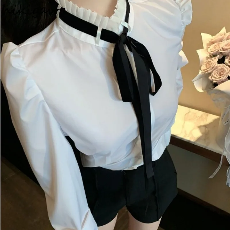 White Blouse Women Clothing Puff Sleeve Stand Neck Tunic Shirts Temperament Ladies Blouses Tops 2024 Blusas Mujer De Moda 27u297