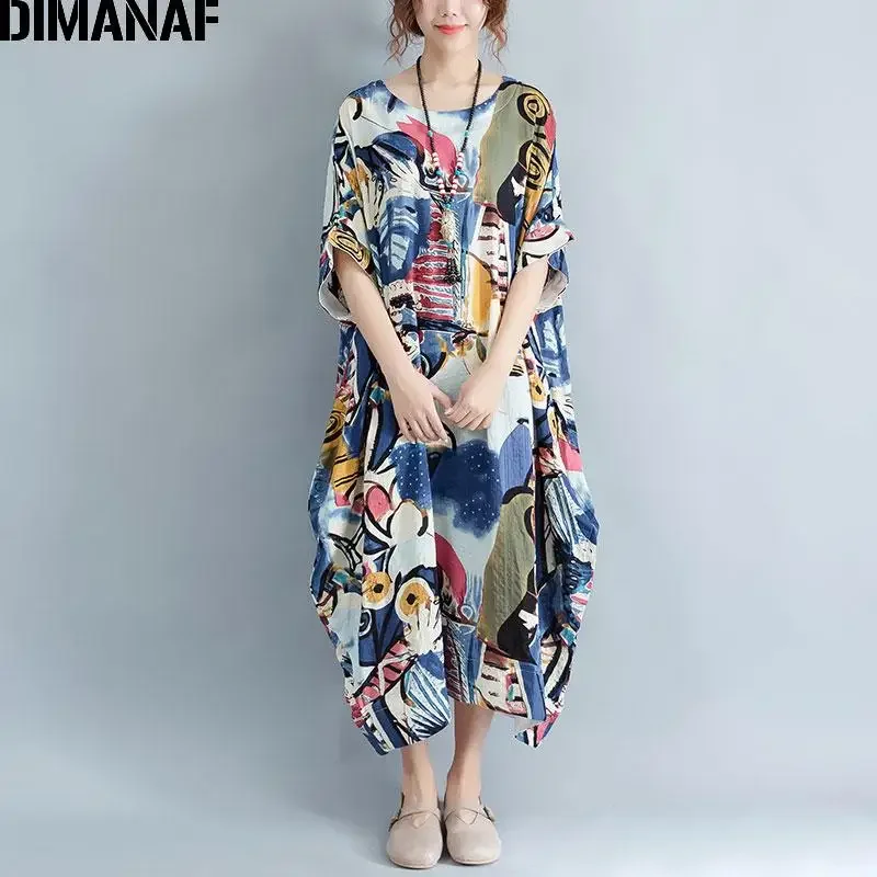 DIMANAF Plus Size Dress Women Summer Beach Print Vintage Cotton Maxi Dress Casual Oversize Lady Long Dresses