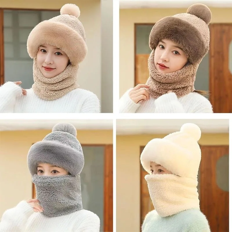 [قبعة صغيرة سميكة مقاومة للرياح] قبعة شتوية دافئة مع بوم بلون سادة قناع سميك للرقبة من القطيفة مقاوم للرياح بقلنسوة