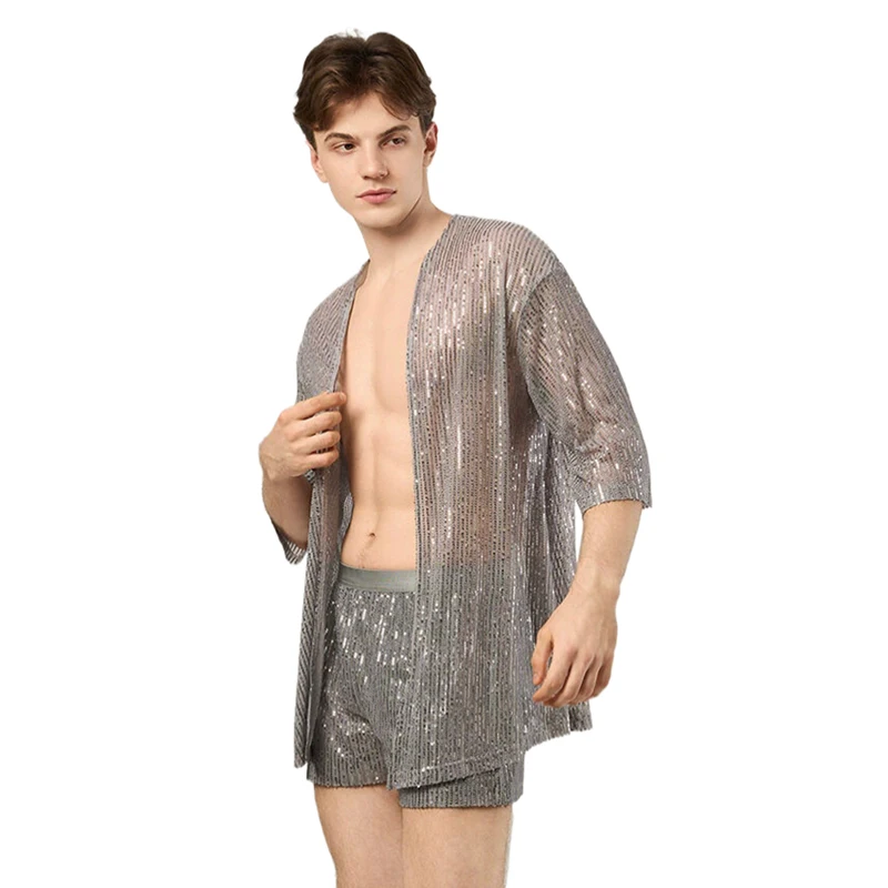 Herrenbekleidung 2-Teiliges Outfit Strickjacke Shorts Herren-Set Glitzernder Lockerer Strandüberzug Nachtclub Festival Rave Party Bühnenkostüm – Detail 1