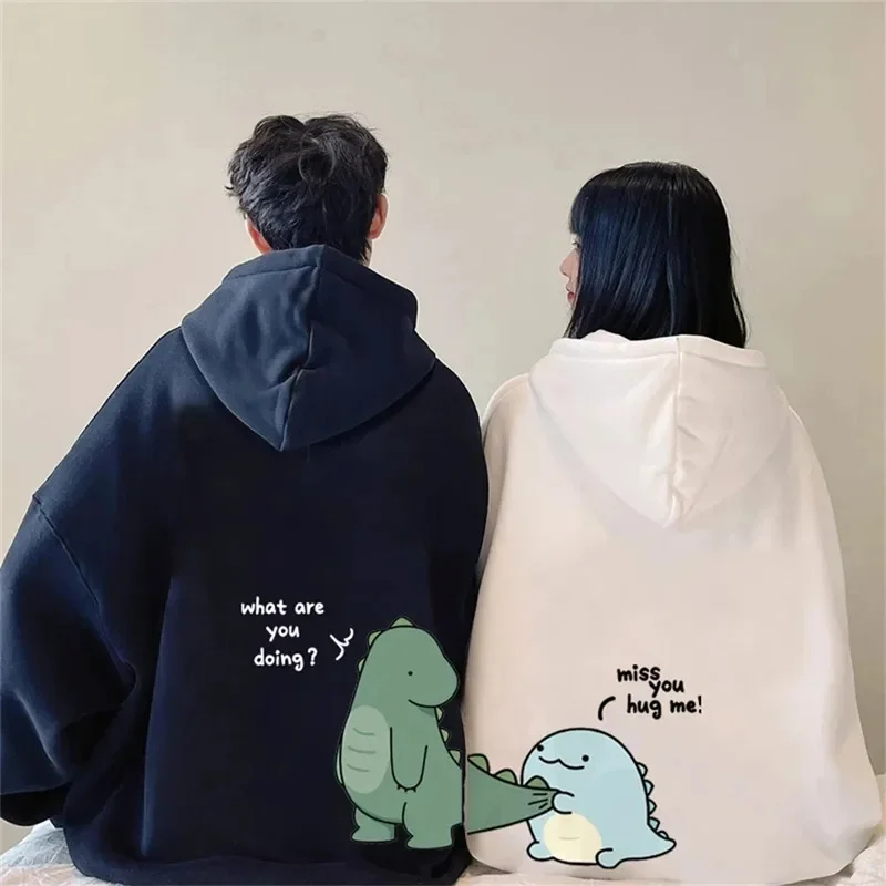 Unisex üstleri bahar sonbahar erkek kadın kazaklar çift kapşonlu Y2k giysileri komik dinozor baskı Hoodies uzun kollu kazak